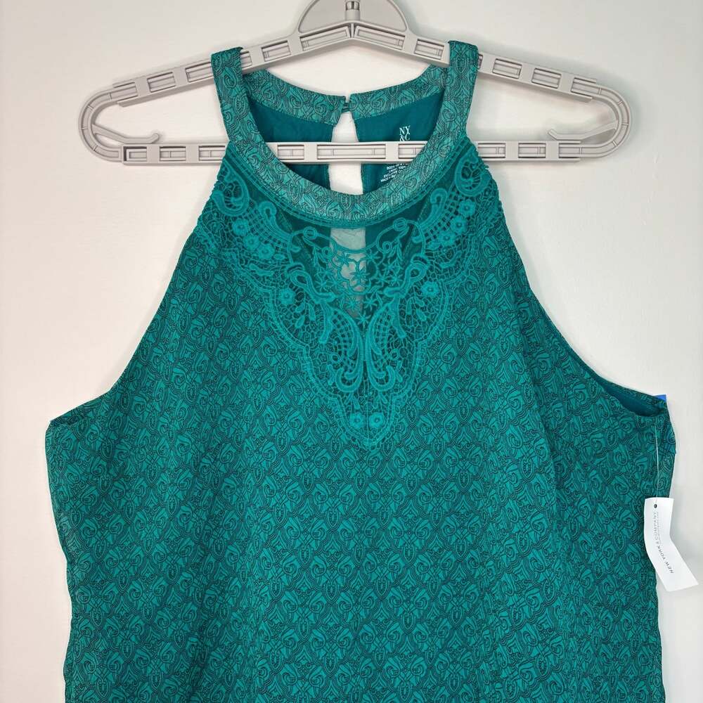 NY&C NEW halter top womens L green flowy keyhole stretch lace